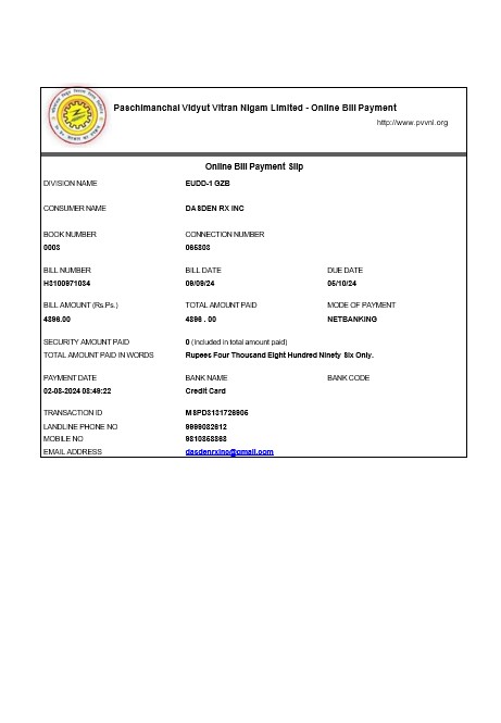 INDIA PVVNL business utility bill Word and PDF template PSD template